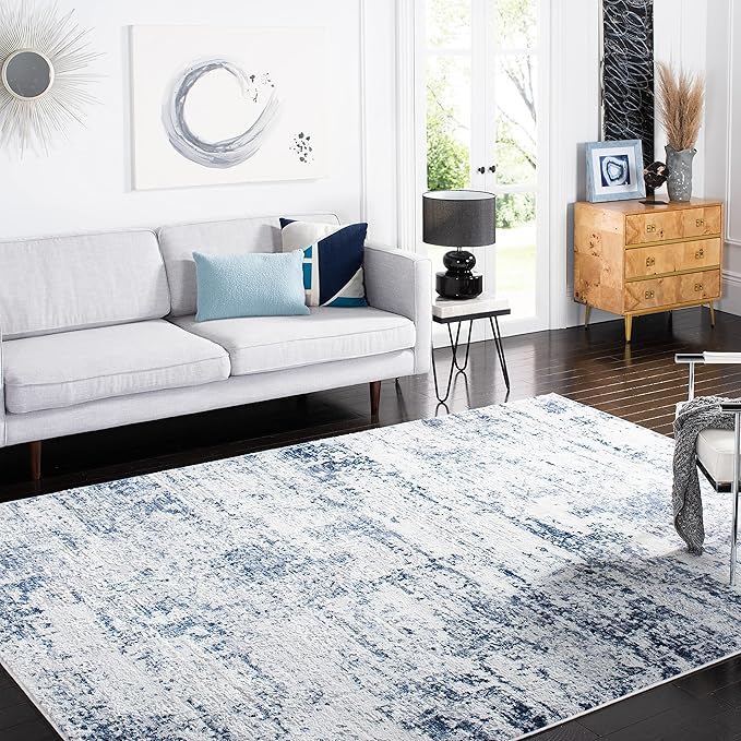 SAFAVIEH Amelia Collection X-Large Area Rug - 12' x 18', Ivory & Navy, Modern Abstract Design, Non-Shedding & Easy Care, Ideal for High Traffic Areas in Living Room, Bedroom (ALA700B)