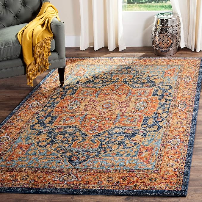 SAFAVIEH Evoke Collection 3' x 5' Grey / Navy EVK275G Oriental Medallion Distressed Non-Shedding Living Room Bedroom Accent Rug