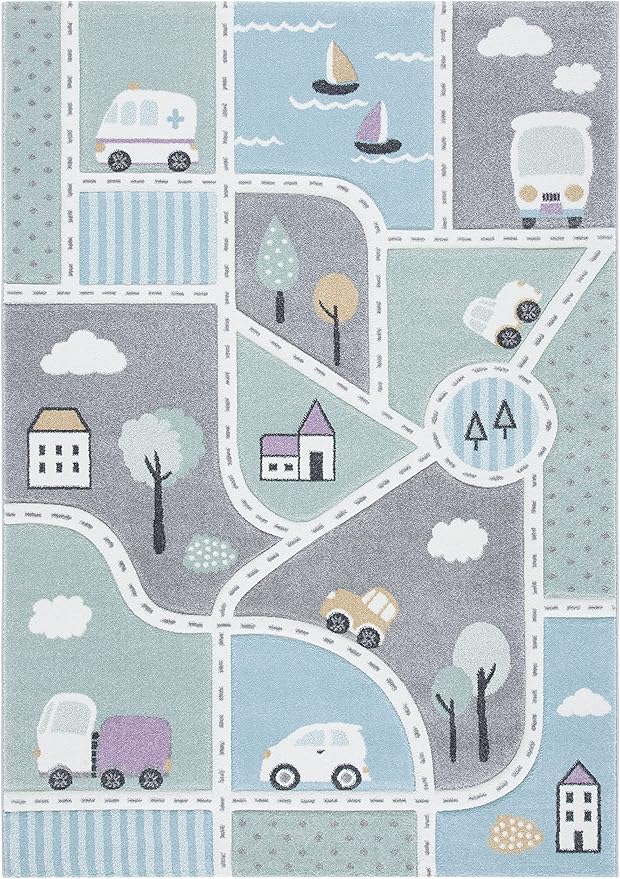 SAFAVIEH Carousel Kids Collection Area Rug - 5'3" x 7'6", Grey & Light Blue, Non-Shedding & Easy Care, Ideal for High Traffic Areas for Boys & Girls in Playroom, Nursery, Bedroom (CRK193F)