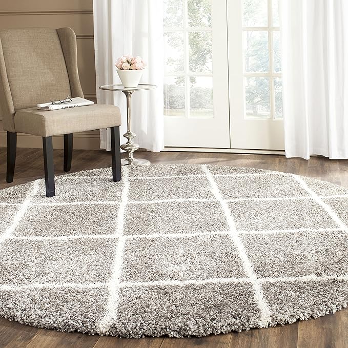 SAFAVIEH Hudson Shag Collection Area Rug - 5' Round, Grey & Ivory, Modern Trellis Design, Non-Shedding & Easy Care, 2-inch Thick Ideal for High Traffic Areas in Living Room, Bedroom (SGH281B)