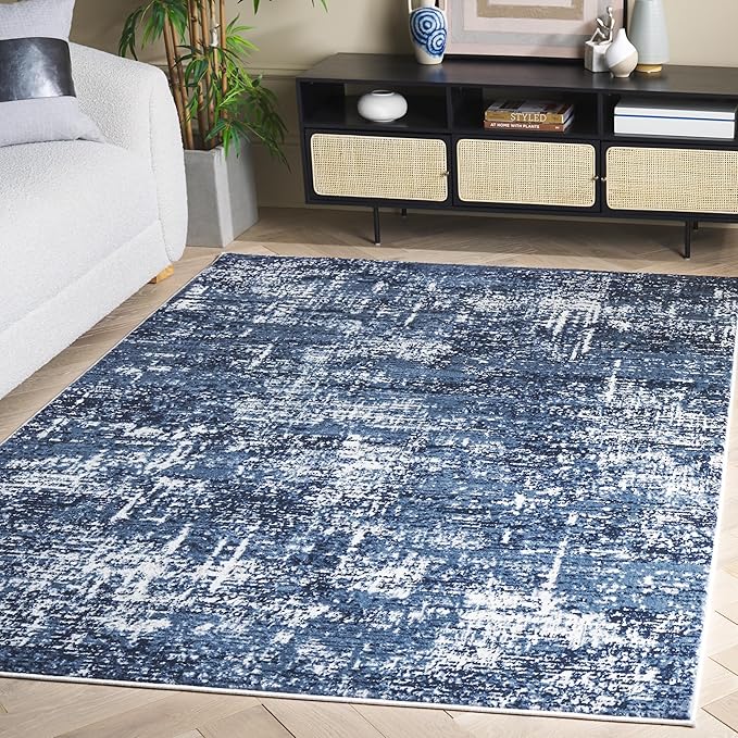 SAFAVIEH Amelia Collection Area Rug - 5'3" x 7'6", Ivory & Dark Blue, Modern Abstract Design, Non-Shedding & Easy Care, Ideal for High Traffic Areas in Living Room, Bedroom, Dining (ALA700M-5)