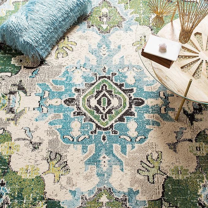 SAFAVIEH Monaco Collection Runner Rug - 2'2" x 22', Forest Green & Light Blue, Non-Shedding & Easy to Clean, Distressed Medallion Design, Ideal for Hallway, Foyer, Entryway, Kitchen, Bedroom (MNC243F)