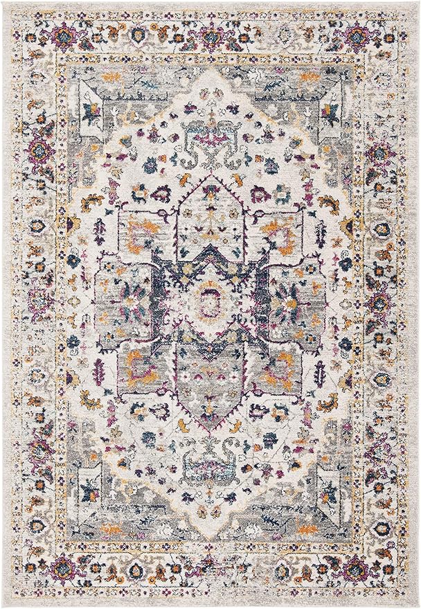 SAFAVIEH Evoke Collection Area Rug - 6'7" x 9', Ivory & Grey, Oriental Medallion Distressed Design, Non-Shedding & Easy Care, Ideal for High Traffic Areas in Living Room, Bedroom (EVK275A)