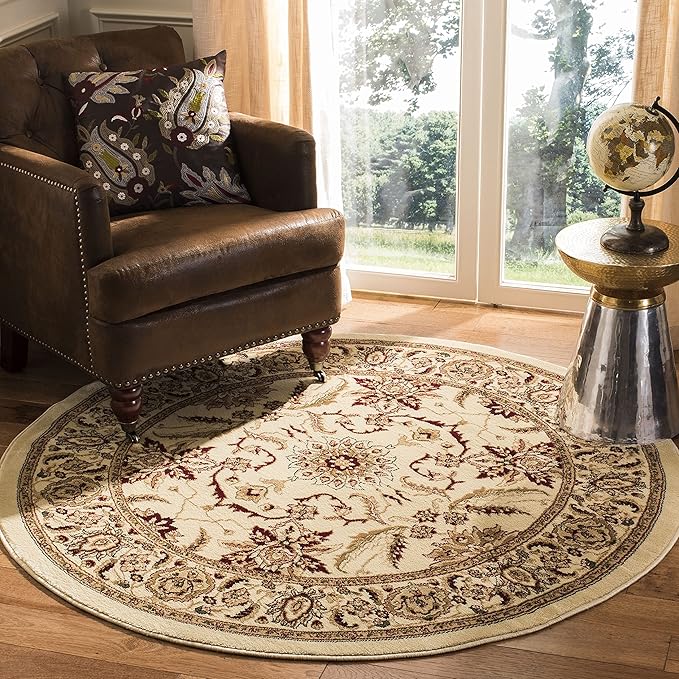 SAFAVIEH Lyndhurst Collection 5'3" Round Ivory / Ivory LNH216A Traditional Oriental Non-Shedding Dining Room Entryway Foyer Living Room Bedroom Area Rug