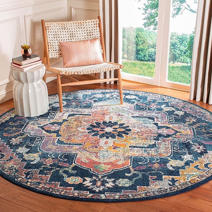 SAFAVIEH Crystal Collection 5' Round Navy / Fuchsia CRS501H Boho Chic Oriental Medallion Distressed Non-Shedding Dining Room Entryway Foyer Living Room Bedroom Area Rug