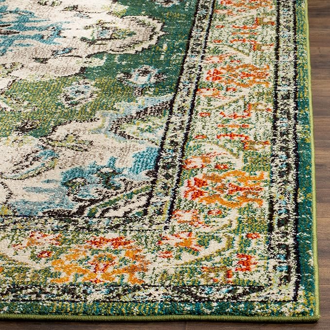 SAFAVIEH Monaco Collection Area Rug - 10' x 14', Forest Green & Light Blue, Non-Shedding & Easy to Clean, Distressed Medallion Design, Ideal for Living Room, Bedroom, Dining Space (MNC243F)