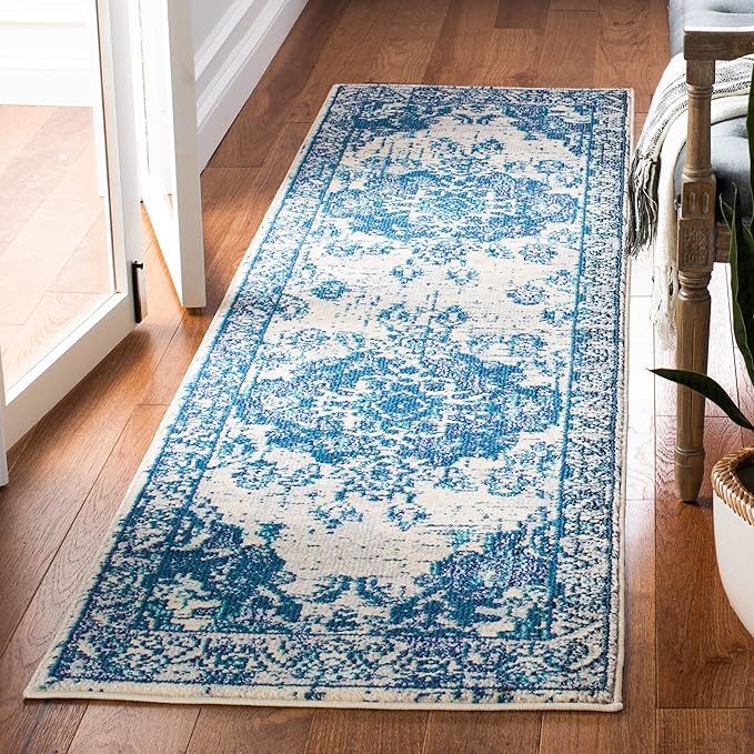 SAFAVIEH Monaco Collection Runner Rug - 2'2" x 12', Ivory & Blue, Non-Shedding & Easy to Clean, Distressed Medallion Design, Ideal for Hallway, Kitchen Foyer, Entryway (MNC243A)
