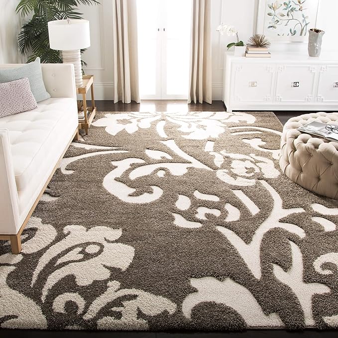 SAFAVIEH Florida Shag Collection Area Rug - 6'7" Square, Smoke & Beige, Floral Design, Non-Shedding & Easy Care, 1.2-inch Thick Ideal for High Traffic Areas in Living Room, Bedroom (SG458-7913)