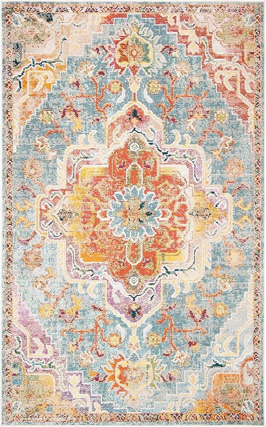SAFAVIEH Crystal Collection Area Rug - 6'7" x 9'2", Orange & Teal, Medallion Distressed Design, Non-Shedding & Easy Care, Ideal for High Traffic Areas in Living Room, Bedroom (CRS501K)