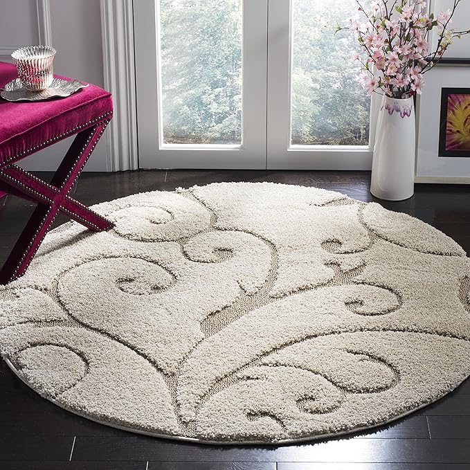 SAFAVIEH Florida Shag Collection Area Rug - 4' Round, Cream & Beige, Scroll Design, Non-Shedding & Easy to Clean, High-Low Plush Pile, Ideal for Living Room, Bedroom, Dining Space (SG455-1113)