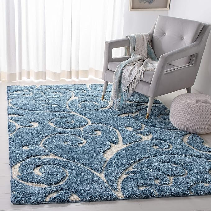 SAFAVIEH Florida Shag Collection Area Rug - 5'3" x 7'6", Light Blue & Cream, Scroll Design, Non-Shedding & Easy to Clean, High-Low Plush Pile, Ideal for Living Room, Bedroom, Dining Space (SG455-6011)