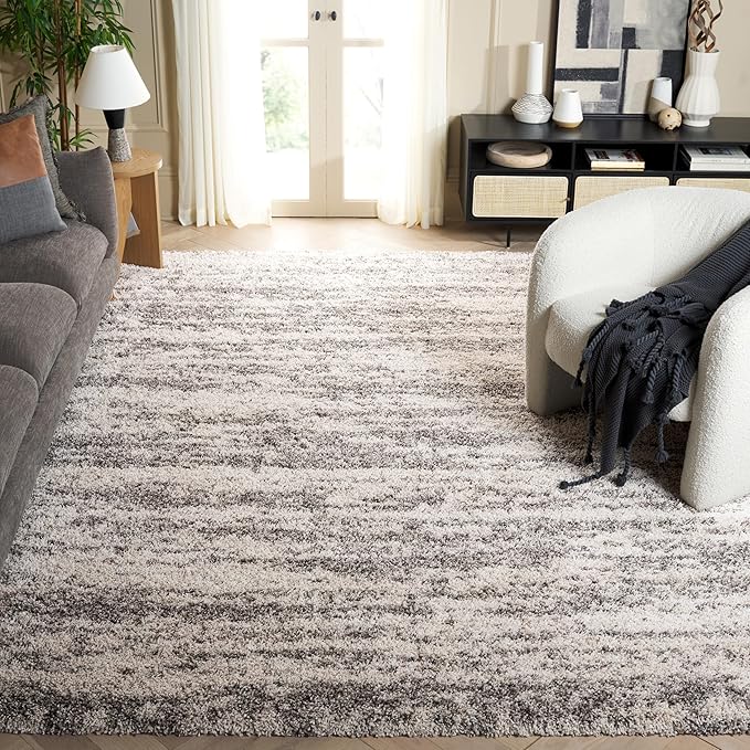 SAFAVIEH Hudson Shag Collection Area Rug - 11' x 15', Ivory/Grey, Geometric Design, Plush 1.9 Inch Thick Ideal for High Traffic Areas in Living Room, Bedroom, Dining (SGH206A)