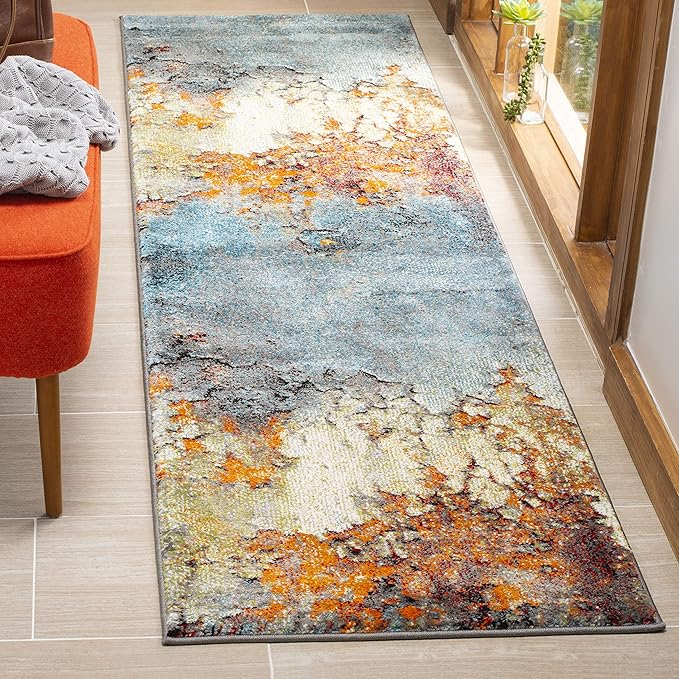 SAFAVIEH Glacier Collection Runner Rug - 2'3" x 18', Blue & Multi, Modern Abstract Design, Non-Shedding & Easy Care, Ideal for High Traffic Areas in Living Room, Bedroom (GLA125B)
