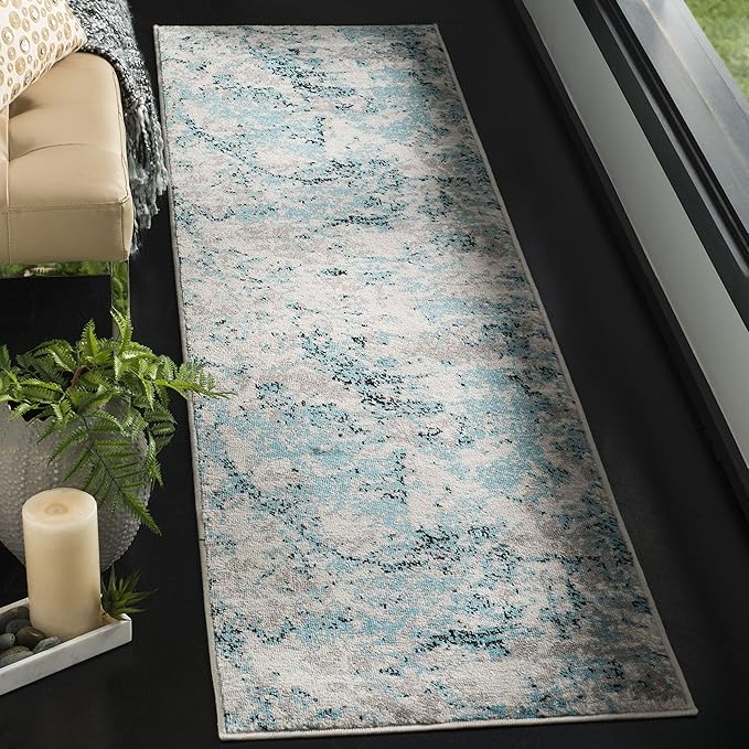 SAFAVIEH Skyler Collection 2' x 12' Blue/Ivory SKY186M Modern Abstract Non-Shedding Living Room Bedroom Runner Rug