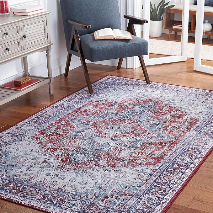 SAFAVIEH Washable Rug Tucson Collection - 3' x 5', Red & Navy, Slip Resistant & Easy to Clean, Ideal for Foyer, Entryway, Kitchen, Bedroom (TSN101S)