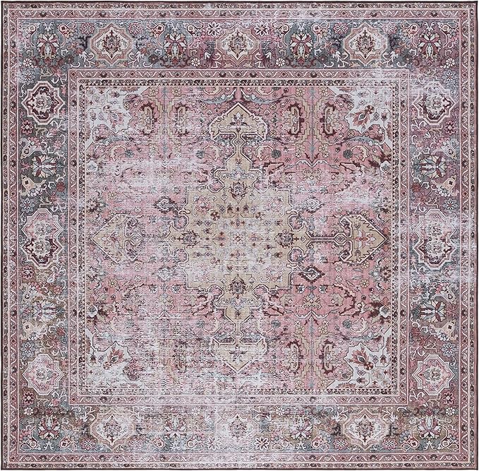 SAFAVIEH Washable Rug Tucson Collection - 6' Square, Pink & Beige, Slip Resistant & Easy to Clean, Ideal for Living Room, Bedroom, Dining Space (TSN144U)