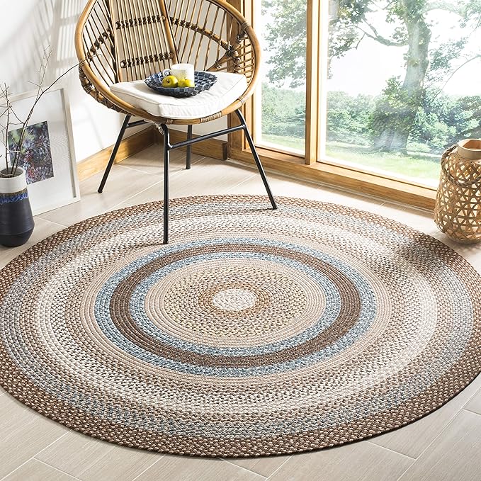 SAFAVIEH Washable Rug Outdoor Braided Collection - 4' Round, Brown & Multi, Handmade & Reversible, Non-Shedding & Easy to Clean, Ideal for Patio, Backyard, Mudroom (BRD313A)
