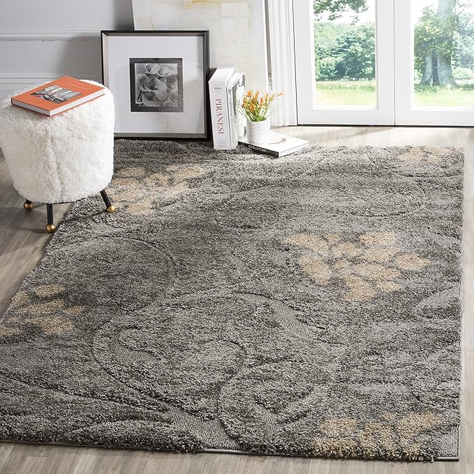 SAFAVIEH Florida Shag Collection Area Rug - 5'3" x 7'6", Grey & Beige, Floral Design, Non-Shedding & Easy Care, 1.2-inch Thick Ideal for High Traffic Areas in Living Room, Bedroom (SG464-8013)