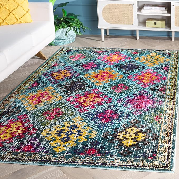 SAFAVIEH Monaco Collection Area Rug - 6'7" x 9'2", Blue & Multi, Boho Diamond Trellis Design, Non-Shedding & Easy Care, Ideal for High Traffic Areas in Living Room, Bedroom (MNC244N)