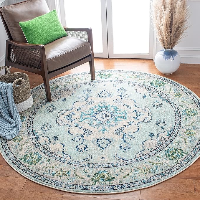 SAFAVIEH Monaco Collection Accent Rug - 3' Round, Light Blue & Ivory, Non-Shedding & Easy Care, Ideal for High Traffic Areas in Living Room, Foyer, Bedroom (MNC243K-3R)