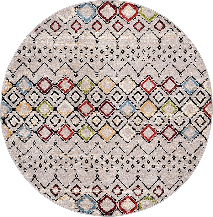 SAFAVIEH Amsterdam Collection 12' Round Light Grey/Multi AMS108G Moroccan Boho Non-Shedding Entryway Foyer Living Room Bedroom Kitchen Area Rug