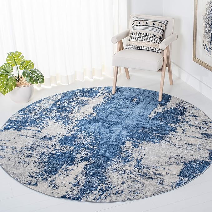 SAFAVIEH Jasper Collection Area Rug - 3' Round, Blue & Ivory, Modern Abstract Design, Non-Shedding & Easy Care, Ideal for High Traffic Areas in Living Room, Bedroom (JSP101M)