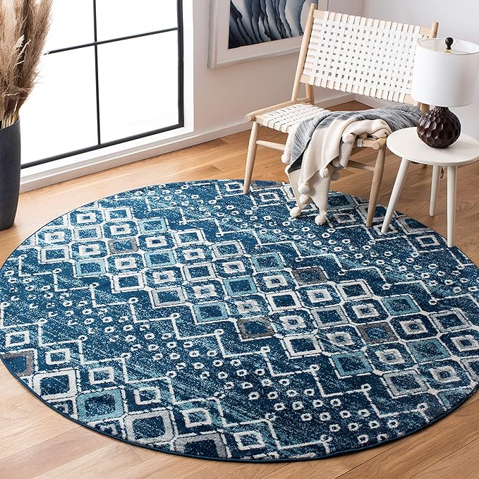SAFAVIEH Amsterdam Collection 3' Round Navy/Beige AMS108N Moroccan Boho Non-Shedding Entryway Foyer Living Room Bedroom Kitchen Area Rug
