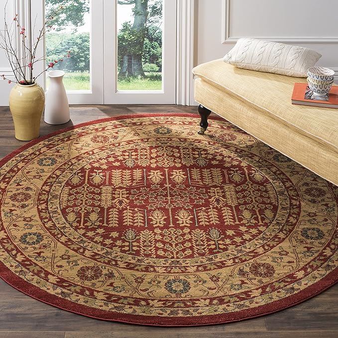 SAFAVIEH Mahal Collection Area Rug - 5'1" Round, Red & Natural, Non-Shedding & Easy Care, Ideal for High Traffic Areas in The Living Room, Dining, Bedroom (MAH697A)
