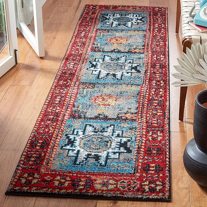 SAFAVIEH Vintage Hamadan Collection Runner Rug - 2'3" x 8', Red & Light Blue, Oriental Persian Design, Non-Shedding & Easy Care, Ideal for High Traffic Areas in Living Room, Bedroom (VTH213Q)