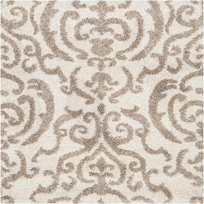 SAFAVIEH Florida Shag Collection Area Rug - 5' Square, Cream & Beige, Damask Design, Non-Shedding & Easy Care, 1.2-inch Thick Ideal for High Traffic Areas in Living Room, Bedroom (SG462-1113)