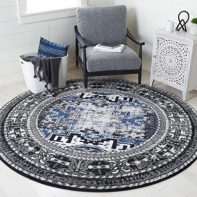 SAFAVIEH Vintage Hamadan Collection Area Rug - 6'7" Round, Grey & Blue, Oriental Traditional Persian Design, Non-Shedding & Easy Care, Ideal for High Traffic Areas in Living Room, Bedroom (VTH213F)