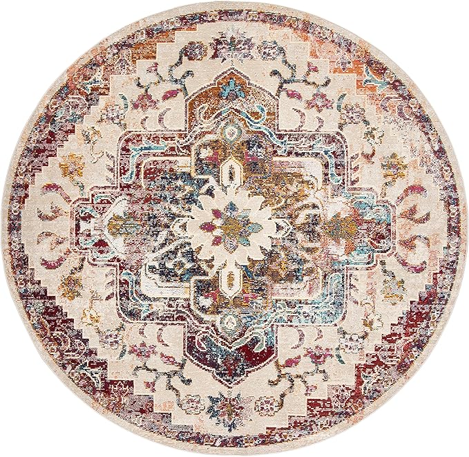 SAFAVIEH Crystal Collection Area Rug - 5' Round, Light Blue & Burgundy, Medallion Distressed Design, Non-Shedding & Easy Care, Ideal for High Traffic Areas in Living Room, Bedroom (CRS501F)