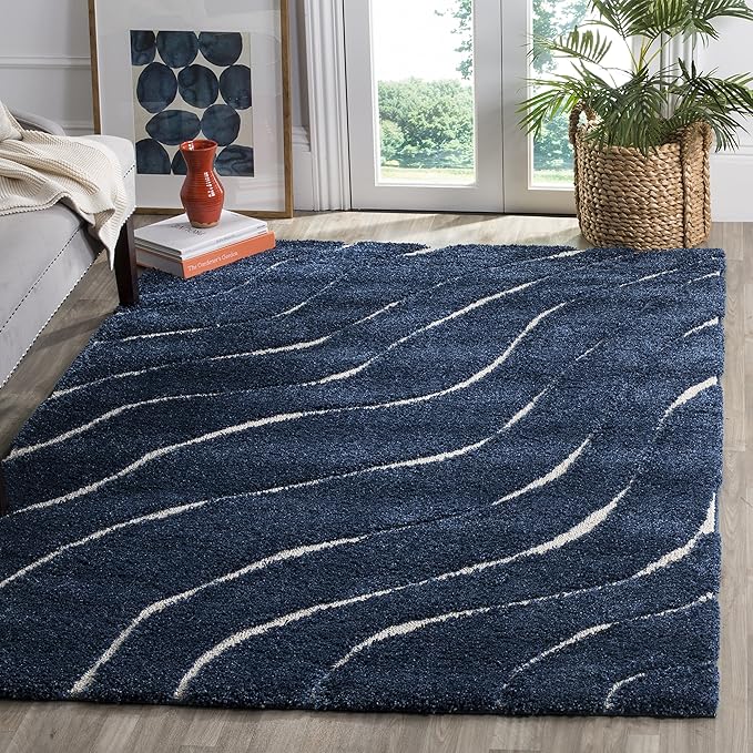 SAFAVIEH Florida Shag Collection Area Rug - 5'3" x 7'6", Dark Blue & Cream, Non-Shedding & Easy Care, 1.2-inch Thick Ideal for High Traffic Areas in Living Room, Bedroom (SG472-6511)
