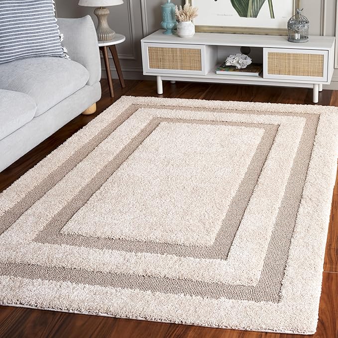 SAFAVIEH Florida Shag Collection Area Rug - 5'3" x 7'6", Beige & Dark Beige, Border Design, 1.2-inch Thick, Ideal for The Living Room, Dining, Bedroom (SG454)