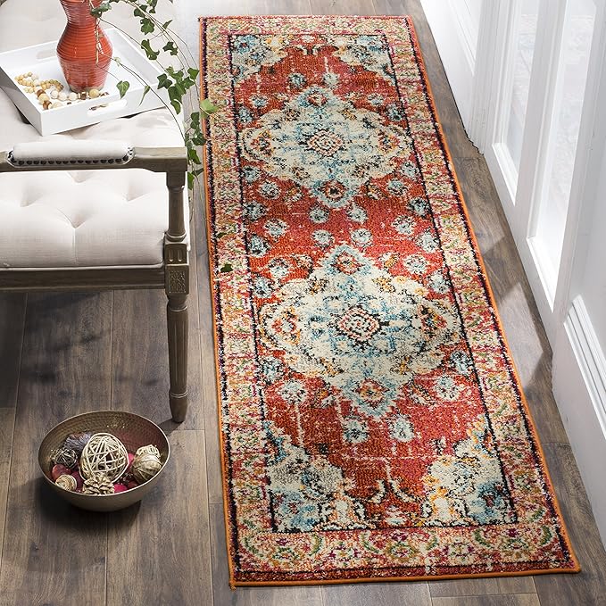 SAFAVIEH Monaco Collection Runner Rug - 2'2" x 14', Orange & Light Blue, Non-Shedding & Easy to Clean, Distressed Medallion Design, Ideal for Hallway, Foyer, Entryway, Kitchen, Bedroom (MNC243H)