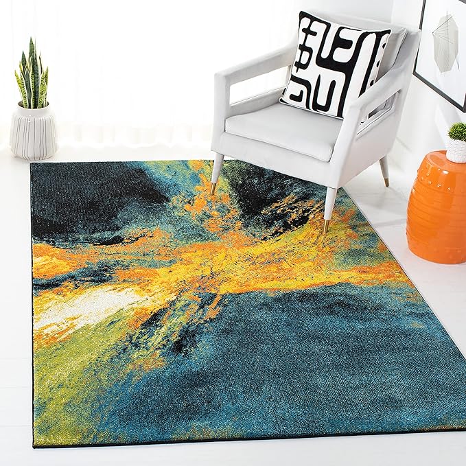 SAFAVIEH Galaxy Collection Area Rug - 5'3" x 7'6", Blue & Yellow, Modern Abstract Design, Non-Shedding & Easy Care, Ideal for High Traffic Areas in Living Room, Bedroom (GAL117L)