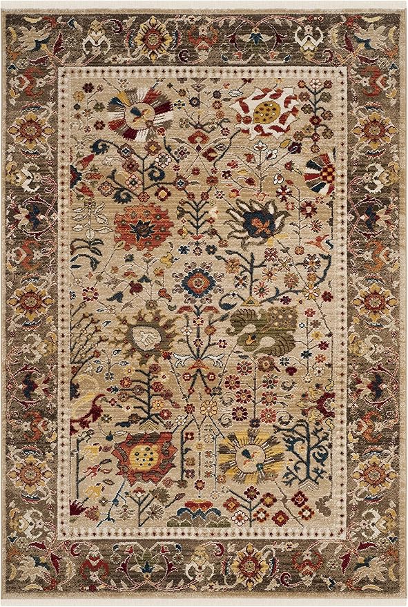 SAFAVIEH Kashan Collection Area Rug - 6'7" x 9', Beige & Taupe, Traditional Design, Stain Resistant, Ideal for High Traffic Areas in Living Room, Bedroom & Dining Room (KSN303K-6)