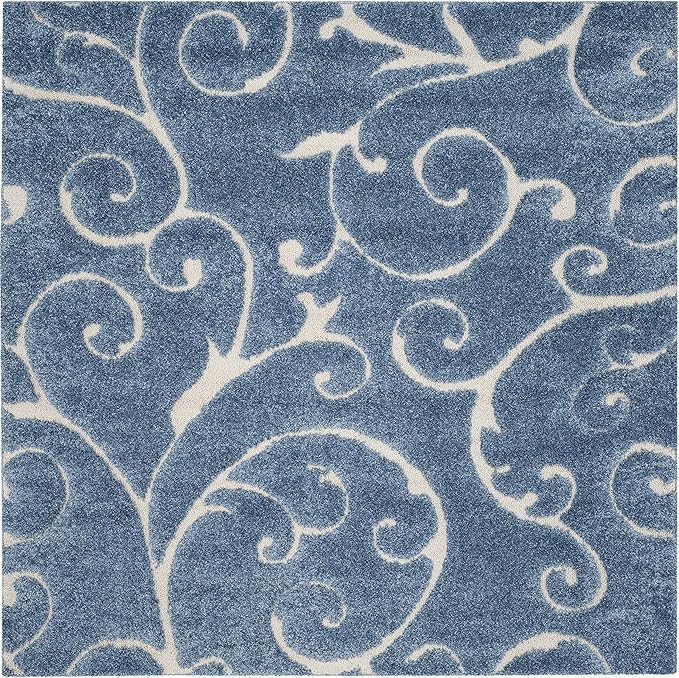 SAFAVIEH Florida Shag Collection Area Rug - 5' Square, Light Blue & Cream, Scroll Design, Non-Shedding & Easy to Clean, High-Low Plush Pile, Ideal for Living Room, Bedroom, Dining Space (SG455-6011)