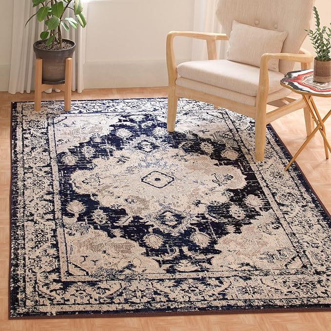 SAFAVIEH Monaco Collection 6'7" x 9'2" IvoryNavy MNC243C Boho Chic Medallion Distressed Non-Shedding Living Room Dining Bedroom Area Rug