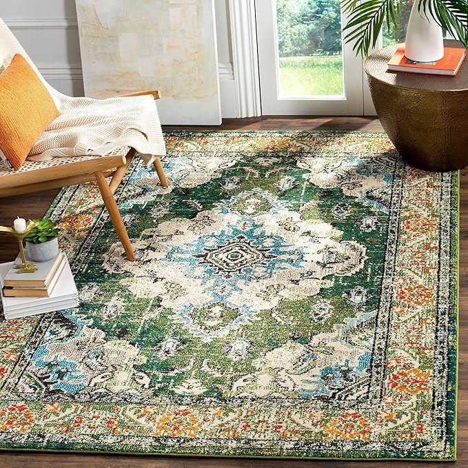 SAFAVIEH Monaco Collection Area Rug - 4' x 5'7", Forest Green & Light Blue, Non-Shedding & Easy to Clean, Distressed Medallion Design, Ideal for Living Room, Bedroom, Dining Space (MNC243F)