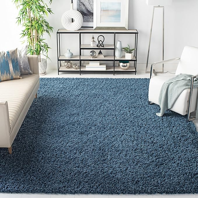 SAFAVIEH August Shag Collection Area Rug - 6'7" Square, Navy, Solid Design, Non-Shedding & Easy Care, 1.5-inch Thick Ideal for High Traffic Areas in Living Room, Bedroom (AUG200M)
