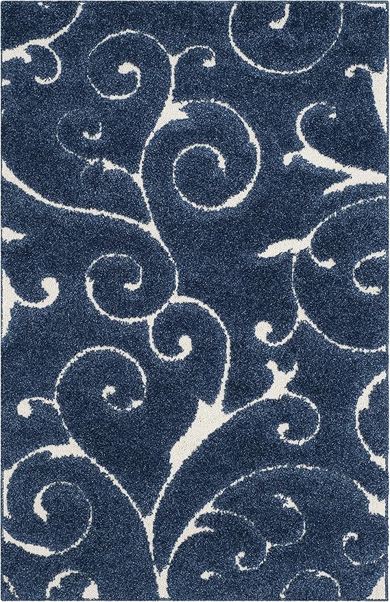 SAFAVIEH Florida Shag Collection Accent Rug - 4' x 6', Dark Blue & Cream, Scroll Design, Non-Shedding & Easy Care, High-Low Plush Pile, Ideal for Living Room, Bedroom, Dining Space (SG455-6511)