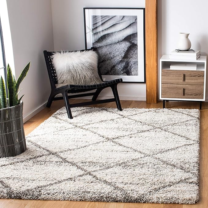 SAFAVIEH Hudson Shag Collection Area Rug - 9' x 12', Grey & Beige, Modern Trellis Design, Non-Shedding & Easy Care, 2-inch Thick Ideal for High Traffic Areas in Living Room, Bedroom (SGH281J)