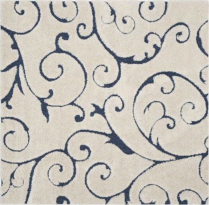 SAFAVIEH Florida Shag Collection Area Rug - 11' Square, Cream & Blue, Scroll Design, Non-Shedding & Easy to Clean, High-Low Plush Pile, Ideal for Living Room, Bedroom, Dining Space (SG455-1165)