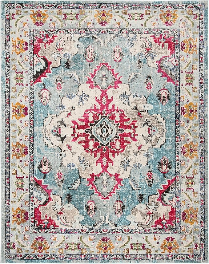 SAFAVIEH Monaco Collection Area Rug - 6'7" x 9'2", Light Blue & Fuchsia, Non-Shedding & Easy to Clean, Distressed Medallion Design, Ideal for Living Room, Bedroom, Dining Space (MNC243J)