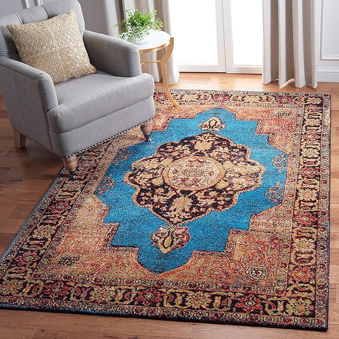 SAFAVIEH Vintage Hamadan Collection Accent Rug - 4' x 6', Gold & Light Blue, Oriental Design, Non-Shedding & Easy Care, Ideal for High Traffic Areas in Entryway, Living Room, Bedroom (VTH219D)