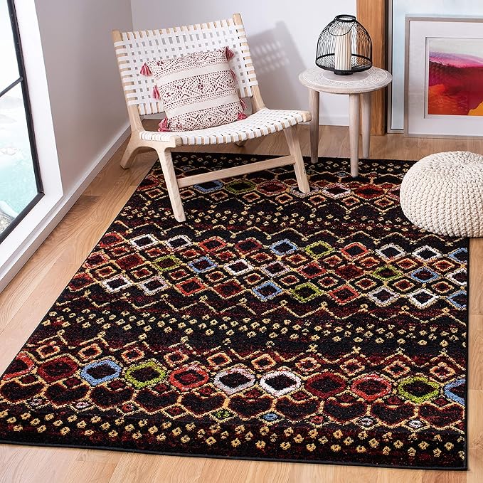 SAFAVIEH Amsterdam Collection Area Rug - 6'7" x 9'2", Black & Multi, Moroccan Boho Design, Non-Shedding & Easy Care, Ideal for High Traffic Areas in Living Room, Bedroom (AMS108P)