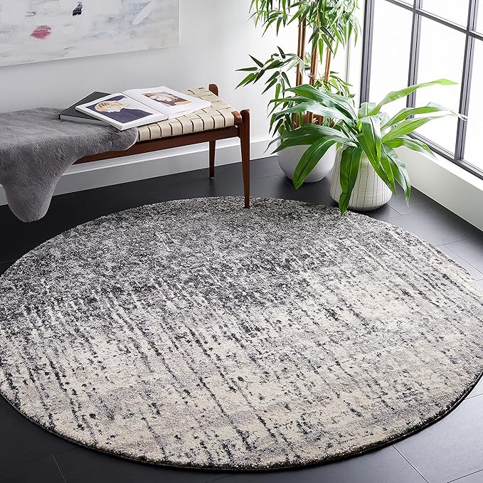 SAFAVIEH Retro Collection Area Rug - 3' Round, Black & Light Grey, Modern Design, Non-Shedding & Easy Care, Ideal for High Traffic Areas in Living Room, Bedroom (RET2770)