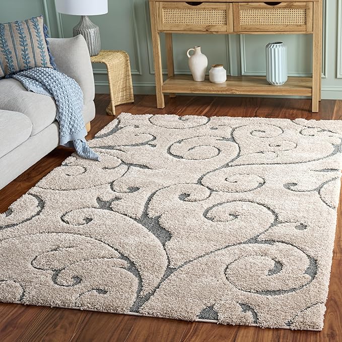SAFAVIEH Florida Shag Collection Area Rug - 5'3" x 7'6", Beige & Blue Grey, Scroll Design, Non-Shedding & Easy to Clean, High-Low Plush Pile, Ideal for Living Room, Bedroom, Dining Space (SG455-1155)