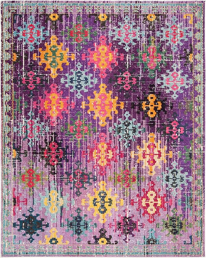 SAFAVIEH Monaco Collection Area Rug - 6'7" x 9'2", Purple & Multi, Boho Diamond Trellis Design, Non-Shedding & Easy Care, Ideal for High Traffic Areas in Living Room, Bedroom (MNC244P)